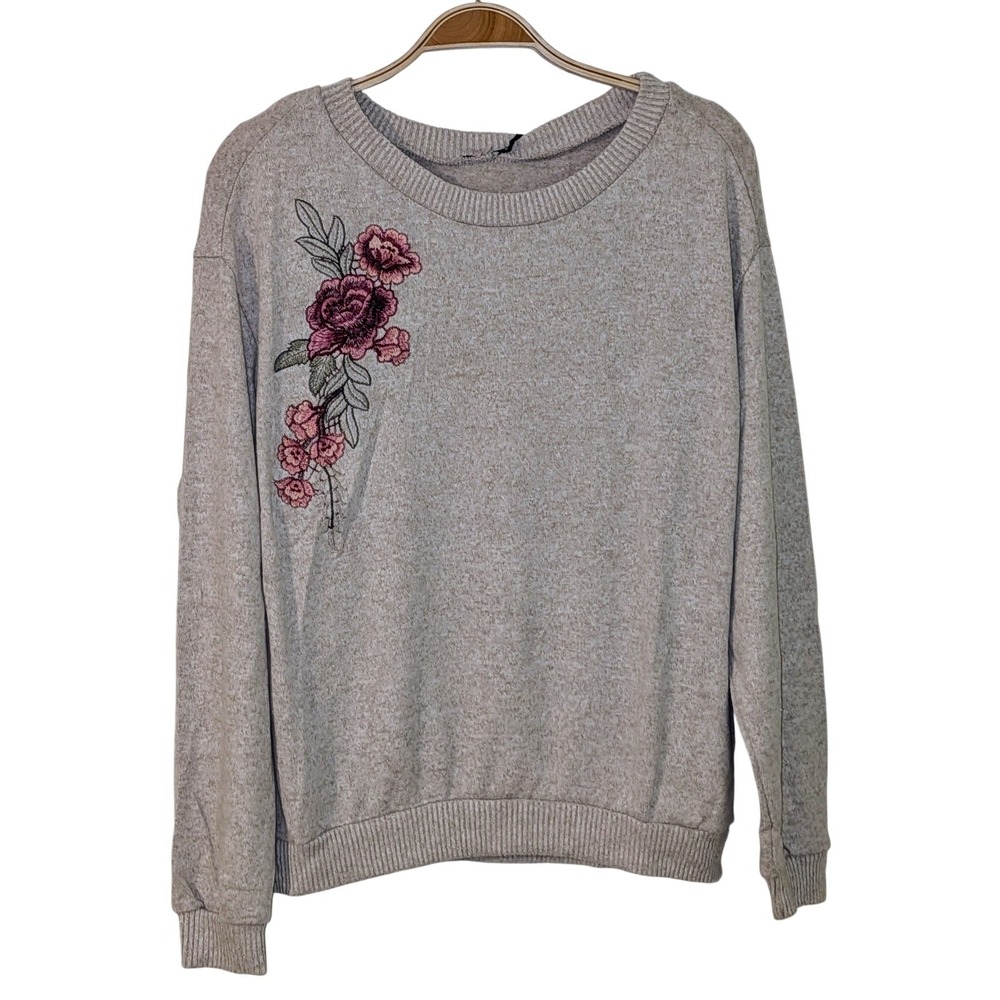 Poof Women's Small Beige Floral Embroidered Long Sleeve Crew Neck Sweatshirt NWT